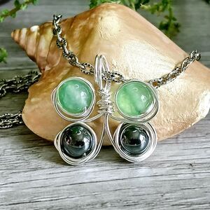Green Aventurine & Hematite Crystal Butterfly Necklace, Gemstone Jewelry 16"